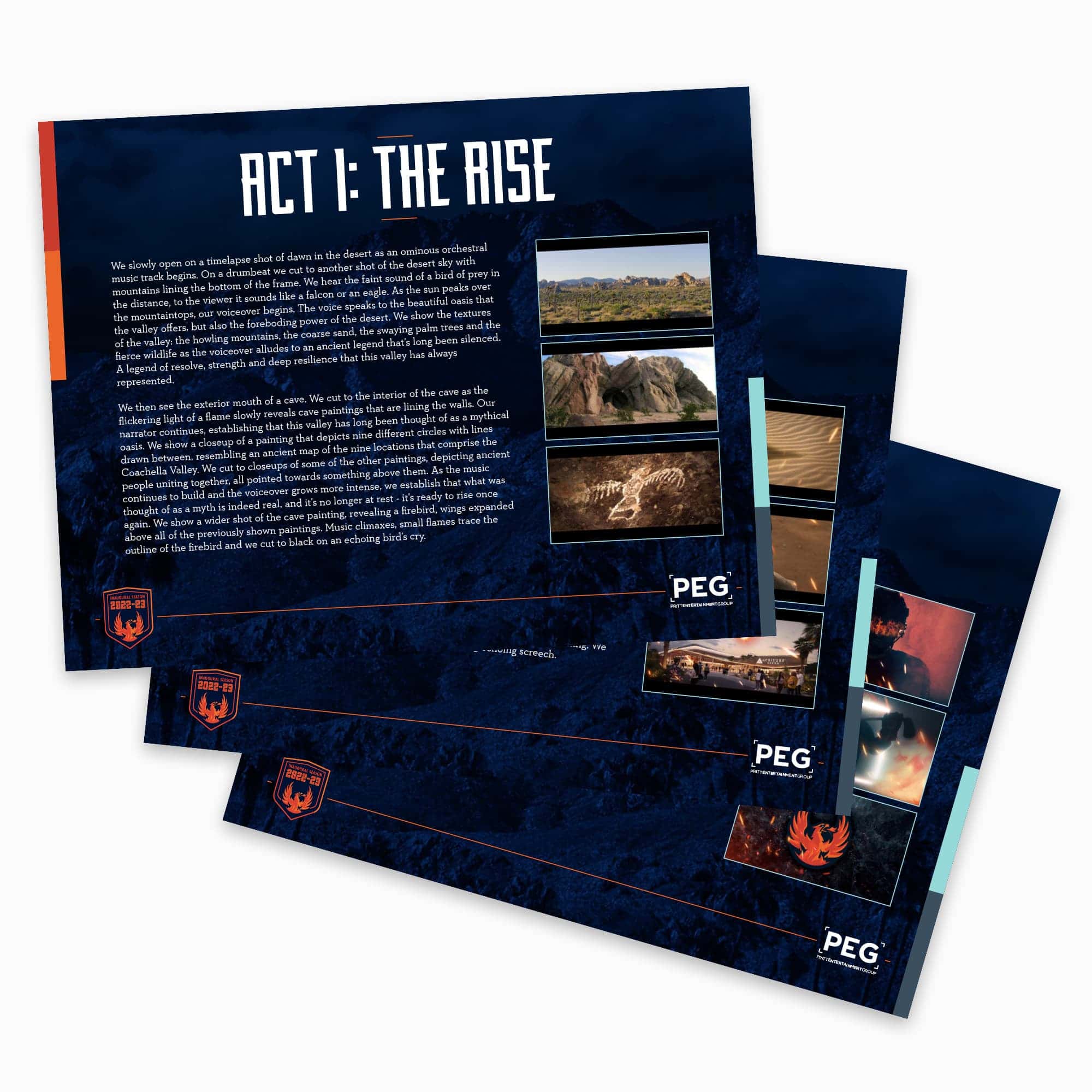 Pages from initial presentation and concept deck for Coachella Valley Firebirds intro video 