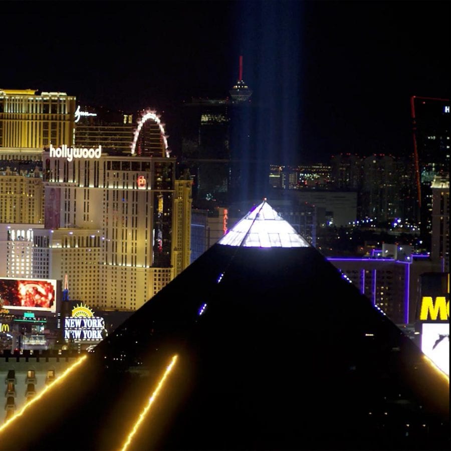 Top of the Luxor Pyramid in Las Vegas with beam of light pointing towards sky