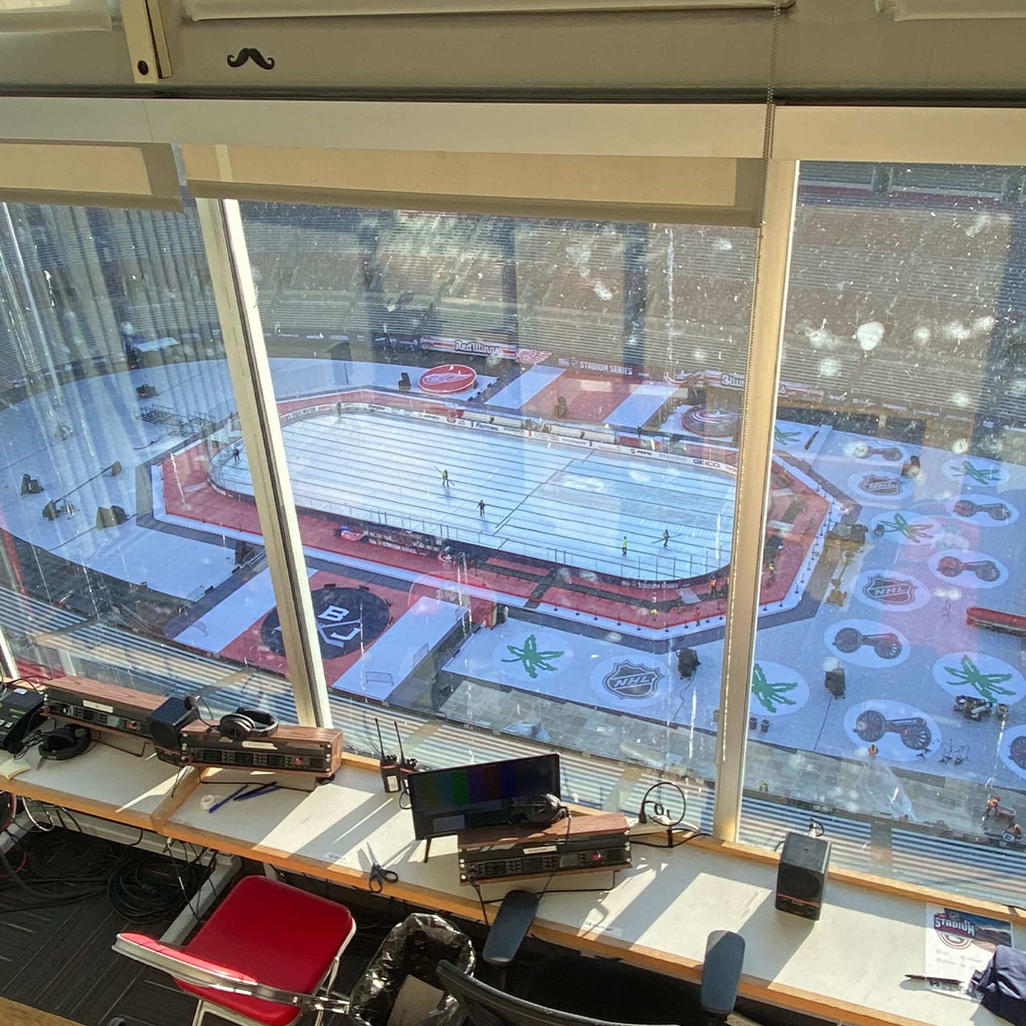 Looking down on ice rink in Ohio Stadium from press box round shape