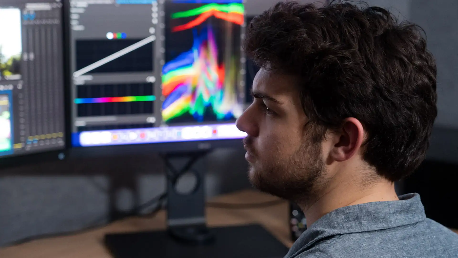 over the shoulder shot of man editing video, color controls on screen in the background