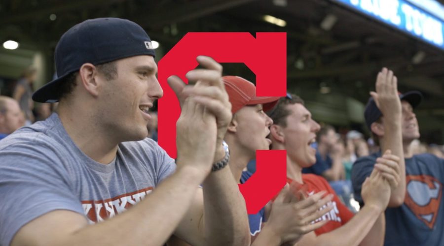 Baseball fans cheering at Cleveland Indians game with Block C logo animated into scene Page Picker