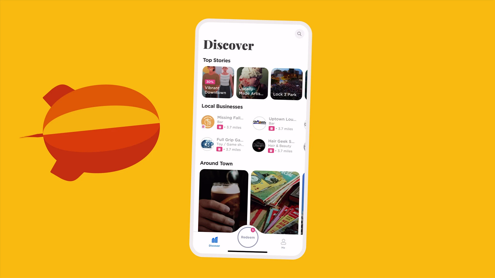 Akronite App, app screen shot on animated phone being tapped on left side by an animated blimp
